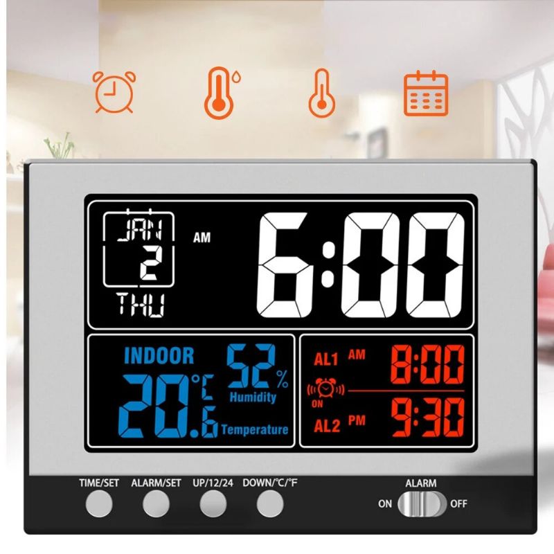 Reloj Despertador Digital Multifuncional Temperatura Interior Monitor De Humedad Termohigrómetro Pantalla Grande A Color Con Retroiluminación Calendario Perpetuo