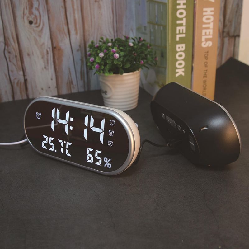 Reloj Despertador Digital Usb Espejo Portátil Pantalla Led Hd Con Tiempo Humedad Función De Visualización De Temperatura Puerto Usb Carga Higrómetro Electrónico Reloj Carga Del Teléfono Reloj Silencioso Para La Decoración Del Hogar