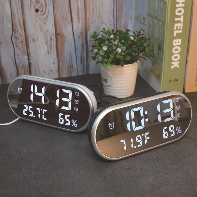 Reloj Despertador Digital Usb Espejo Portátil Pantalla Led Hd Con Tiempo Humedad Función De Visualización De Temperatura Puerto Usb Carga Higrómetro Electrónico Reloj Carga Del Teléfono Reloj Silencioso Para La Decoración Del Hogar