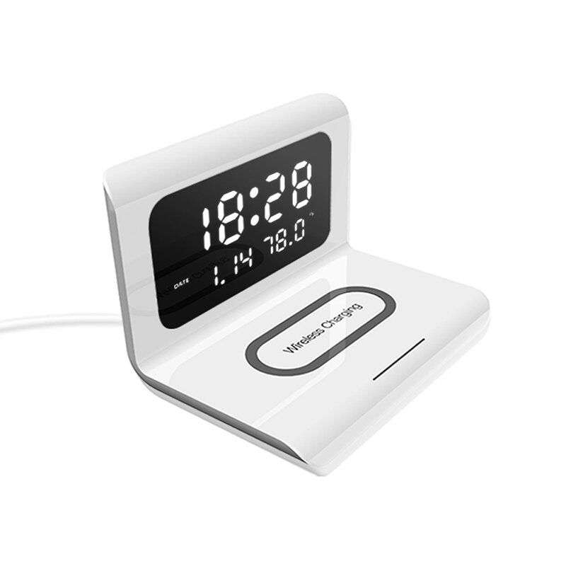 Reloj Despertador Eléctrico Led 12 24h Con Teléfono Qi 10w Cargador Inalámbrico Mesa Termómetro Digital Pantalla Led Reloj De Escritorio Calendario Perpetuo