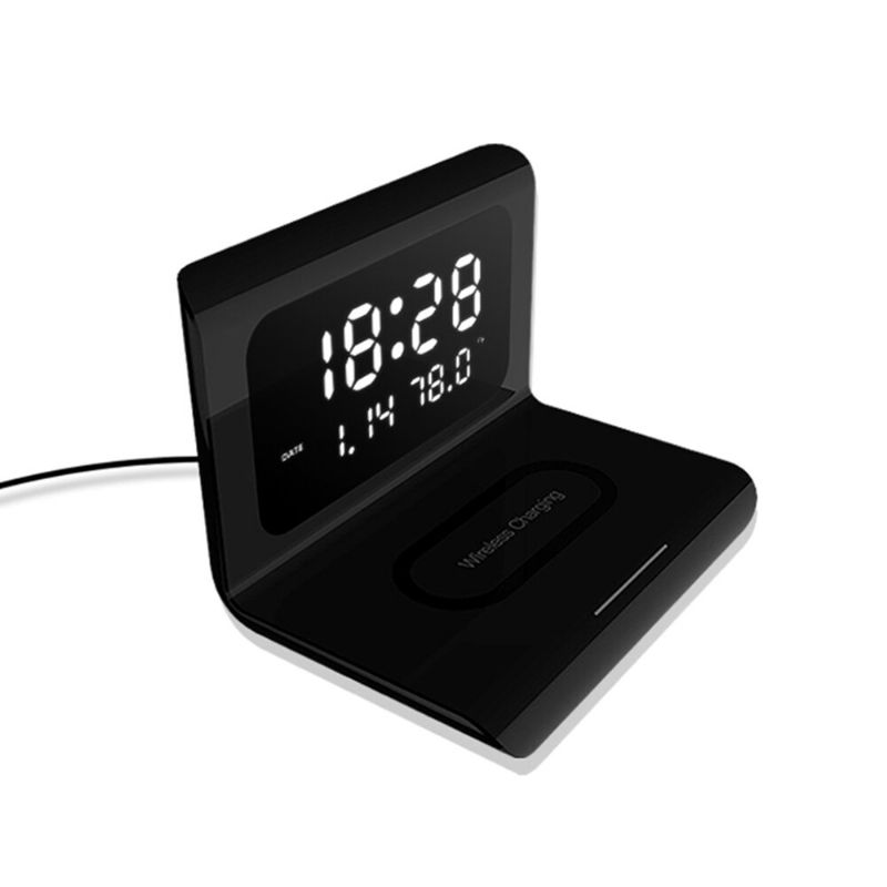 Reloj Despertador Eléctrico Led 12 24h Con Teléfono Qi 10w Cargador Inalámbrico Mesa Termómetro Digital Pantalla Led Reloj De Escritorio Calendario Perpetuo