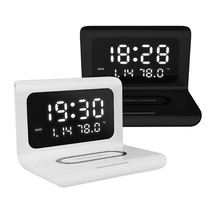 Reloj Despertador Eléctrico Led 12 24h Con Teléfono Qi 10w Cargador Inalámbrico Mesa Termómetro Digital Pantalla Led Reloj De Escritorio Calendario Perpetuo