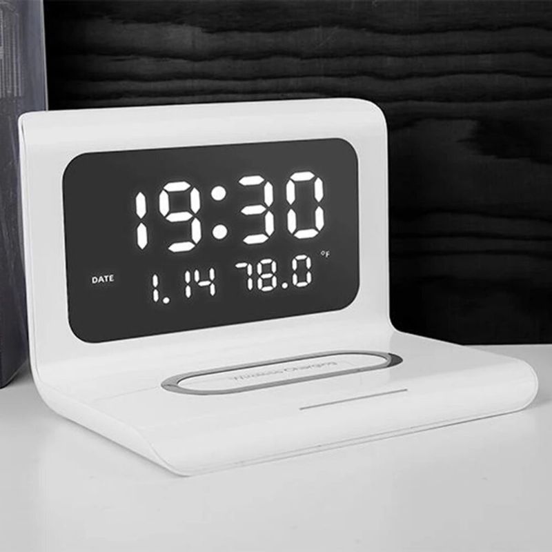 Reloj Despertador Eléctrico Led 12 24h Con Teléfono Qi 10w Cargador Inalámbrico Mesa Termómetro Digital Pantalla Led Reloj De Escritorio Calendario Perpetuo