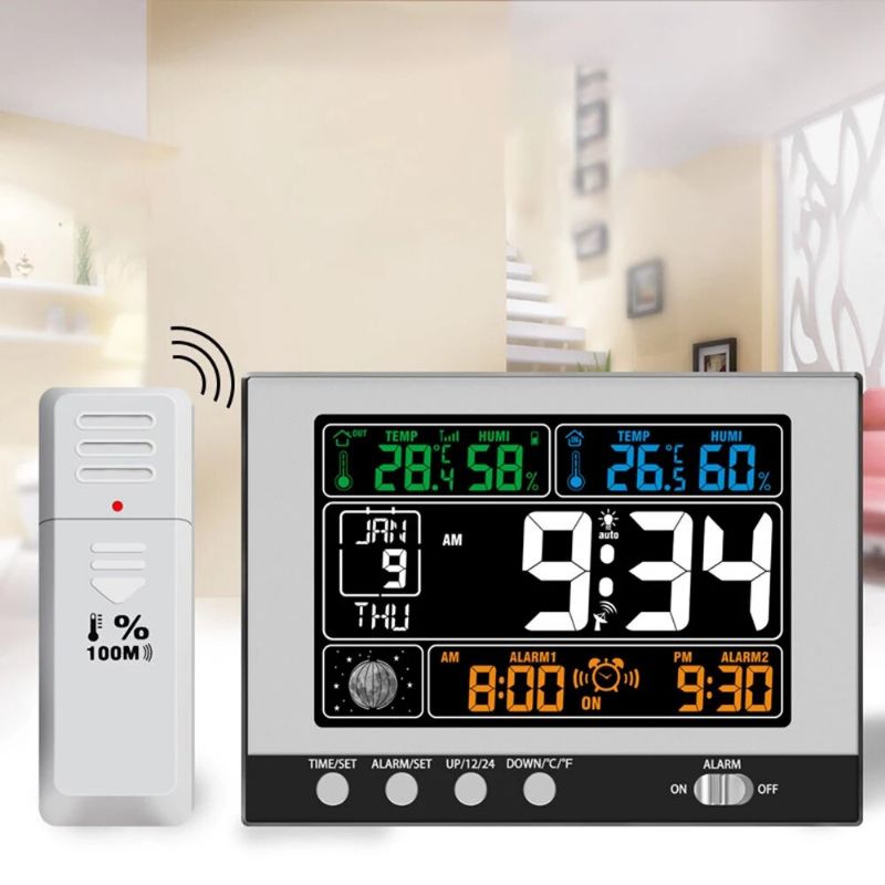 Reloj Despertador Multifuncional Digital Estación Meteorológica Termómetro Para Interiores Y Exteriores Monitoreo De Higrómetro Pantalla A Color Rf Reloj De Pantalla Grande Inalámbrico Para Dormitorio Oficina