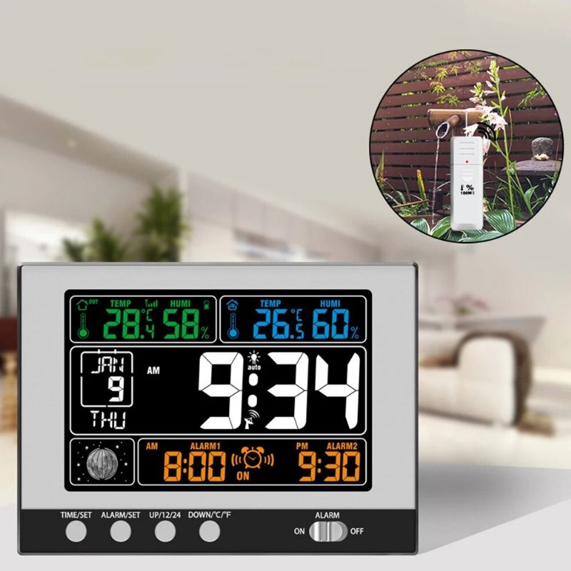 Reloj Despertador Multifuncional Digital Estación Meteorológica Termómetro Para Interiores Y Exteriores Monitoreo De Higrómetro Pantalla A Color Rf Reloj De Pantalla Grande Inalámbrico Para Dormitorio Oficina