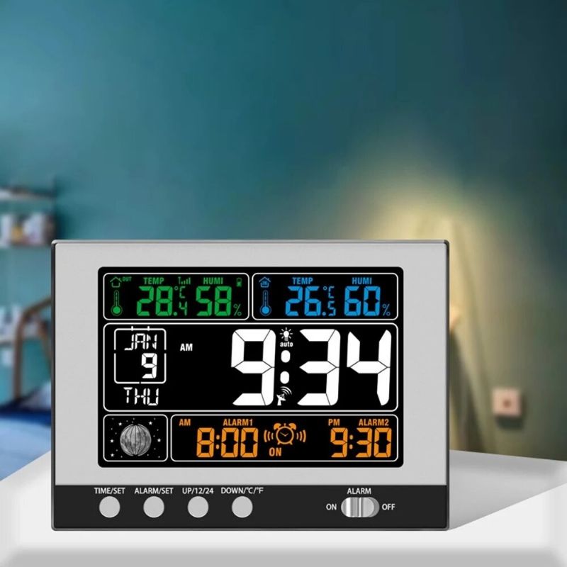 Reloj Despertador Multifuncional Digital Estación Meteorológica Termómetro Para Interiores Y Exteriores Monitoreo De Higrómetro Pantalla A Color Rf Reloj De Pantalla Grande Inalámbrico Para Dormitorio Oficina