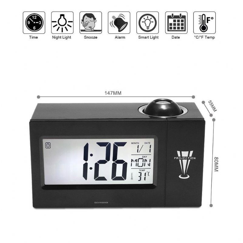 Reloj Digital Binwo Reloj Despertador Con Proyección De Hora De Cabecera Con Pantalla Led Grande De 4 Pulgada Para El Día Fecha Temperatura Humedad Reloj Despertador Fuerte Con Retroiluminación Inteligente