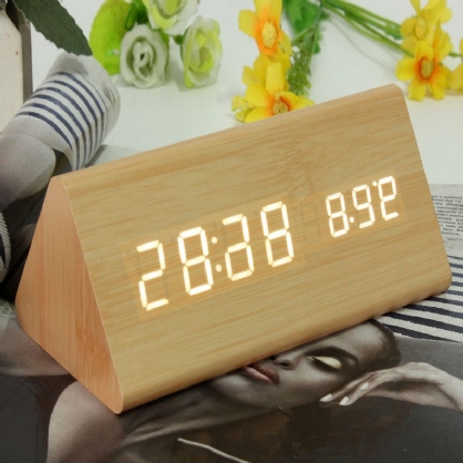 Triangular Wood Digital Led Alarm Table Reloj De Escritorio Pantalla Temperatura Tiempo