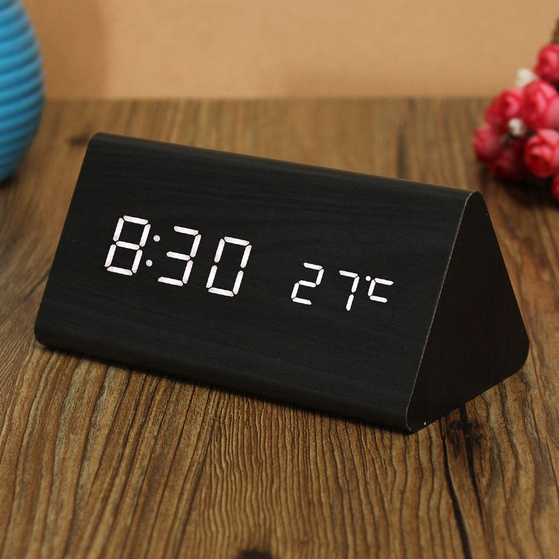 Triangular Wood Digital Led Alarm Table Reloj De Escritorio Pantalla Temperatura Tiempo