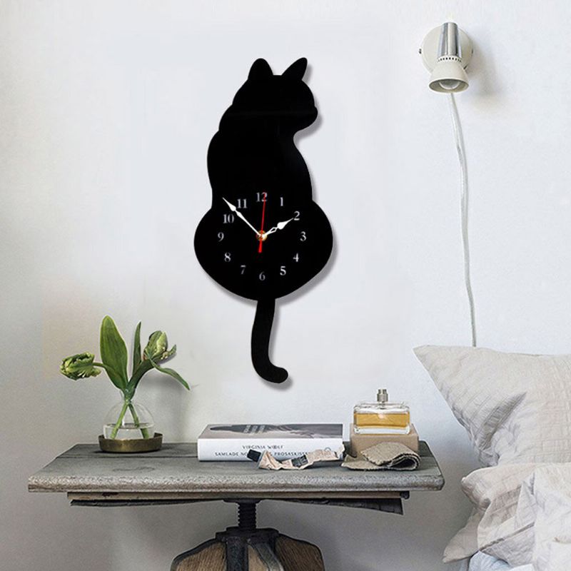 Wagging Tail Cat Design Reloj De Pared Niños Dormitorio Decoración De La Pared Regalo Único Dibujos Animados Creativos Mute Reloj De Bricolaje