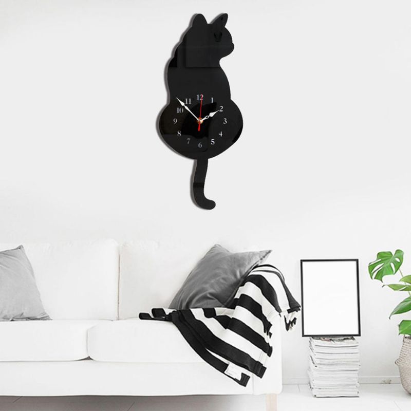 Wagging Tail Cat Design Reloj De Pared Niños Dormitorio Decoración De La Pared Regalo Único Dibujos Animados Creativos Mute Reloj De Bricolaje