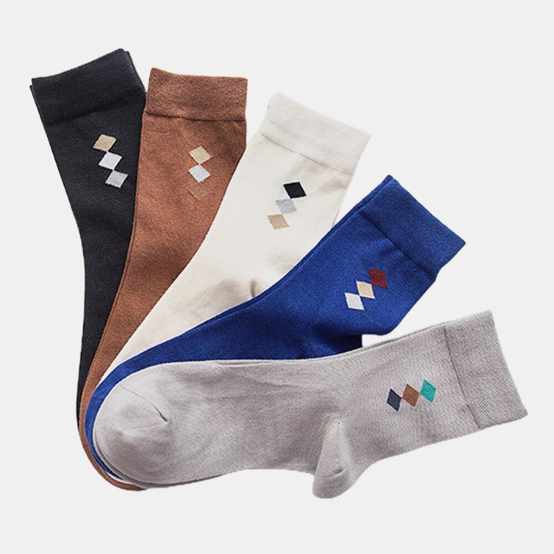 5pcs Hombres Algodón Color Sólido Diamante Rayas Patrón Casual Deporte Al Aire Libre Calcetines De Tubo Antideslizantes