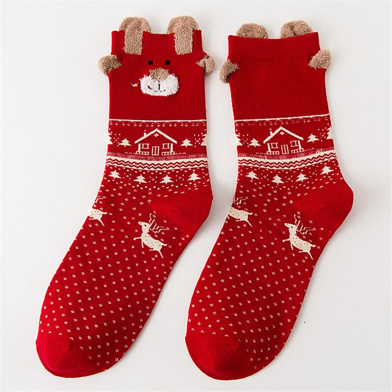 Calcetines De Algodón De Alce Navideño Lindo Para Mujer Calcetines De Tubo Medio Suaves Y Cálidos