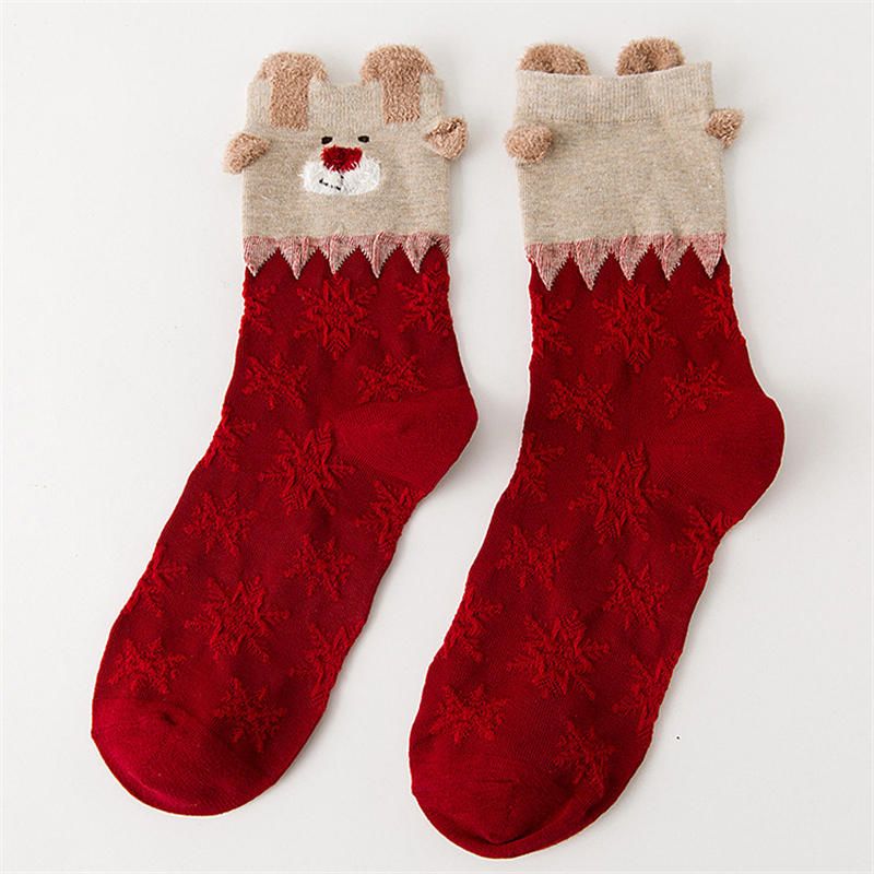 Calcetines De Algodón De Alce Navideño Lindo Para Mujer Calcetines De Tubo Medio Suaves Y Cálidos