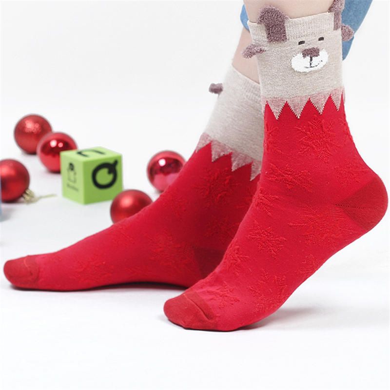 Calcetines De Algodón De Alce Navideño Lindo Para Mujer Calcetines De Tubo Medio Suaves Y Cálidos