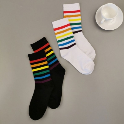 Calcetines Deportivos Universales Casuales Con Patrón De Rayas De Arco Iris De Algodón Para Mujer Calcetines De Tubo