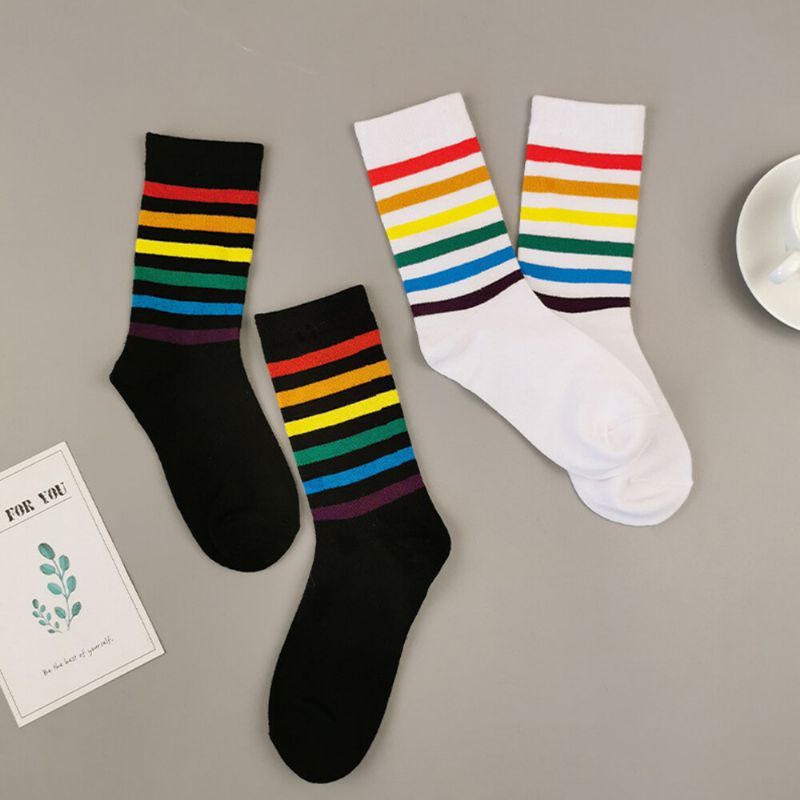 Calcetines Deportivos Universales Casuales Con Patrón De Rayas De Arco Iris De Algodón Para Mujer Calcetines De Tubo