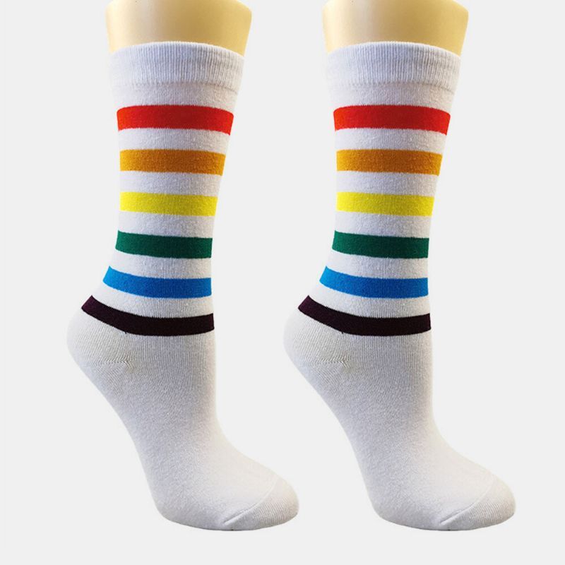 Calcetines Deportivos Universales Casuales Con Patrón De Rayas De Arco Iris De Algodón Para Mujer Calcetines De Tubo