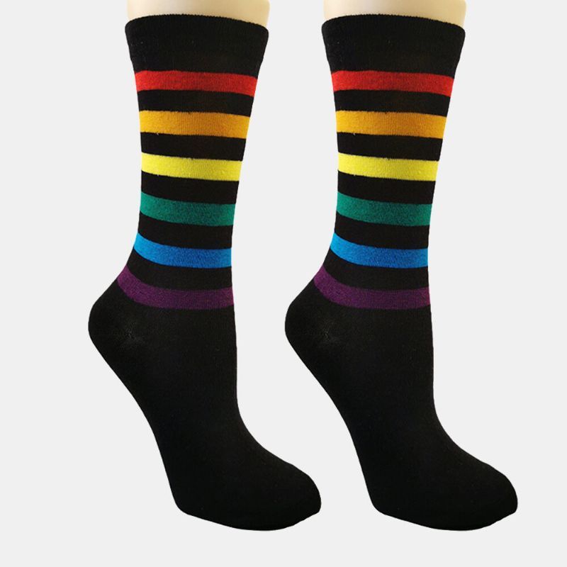 Calcetines Deportivos Universales Casuales Con Patrón De Rayas De Arco Iris De Algodón Para Mujer Calcetines De Tubo