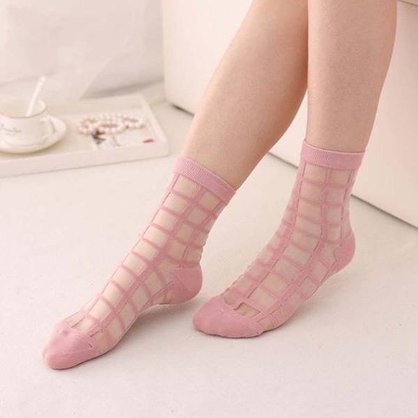 Calcetines Hipster Transparentes De Verano Para Mujeres Y Niñas Calcetines Tobilleros De Malla De Encaje De Seda De Cristal Con Cuadrícula A Cuadros