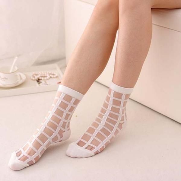 Calcetines Hipster Transparentes De Verano Para Mujeres Y Niñas Calcetines Tobilleros De Malla De Encaje De Seda De Cristal Con Cuadrícula A Cuadros