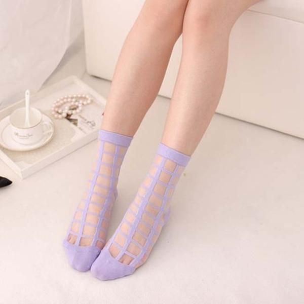 Calcetines Hipster Transparentes De Verano Para Mujeres Y Niñas Calcetines Tobilleros De Malla De Encaje De Seda De Cristal Con Cuadrícula A Cuadros