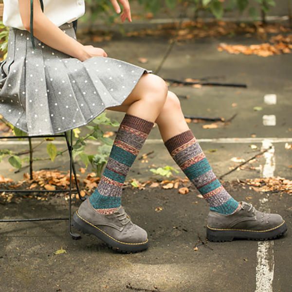 Calcetines Largos Cálidos De Tubo Estilo Harajuku Con Retales Para Mujer Y Niña