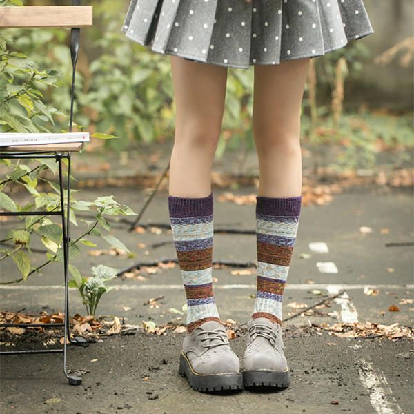 Calcetines Largos Cálidos De Tubo Estilo Harajuku Con Retales Para Mujer Y Niña