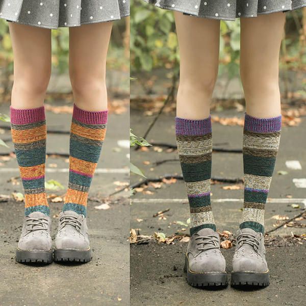 Calcetines Largos Cálidos De Tubo Estilo Harajuku Con Retales Para Mujer Y Niña