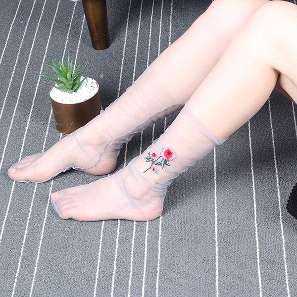 Calcetines De Malla Con Bordado De Flores Rosas Para Mujer Calcetines Ultrafinos Transparentes De Alta Presión