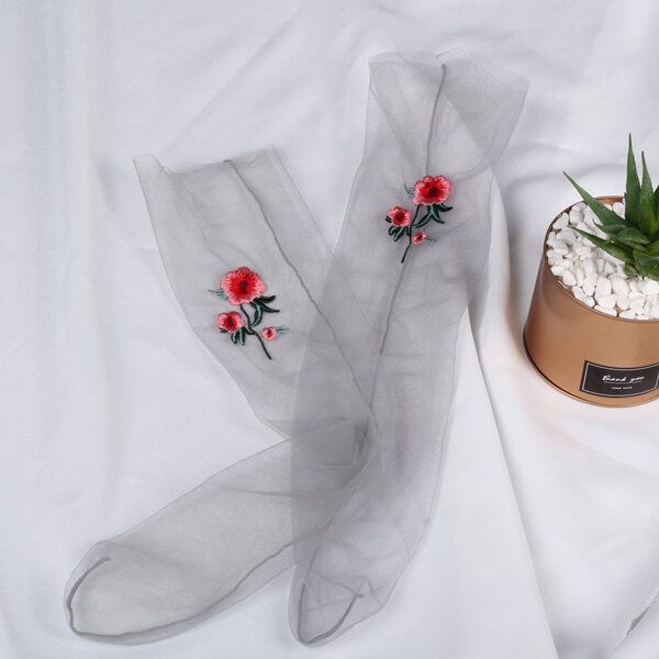 Calcetines De Malla Con Bordado De Flores Rosas Para Mujer Calcetines Ultrafinos Transparentes De Alta Presión