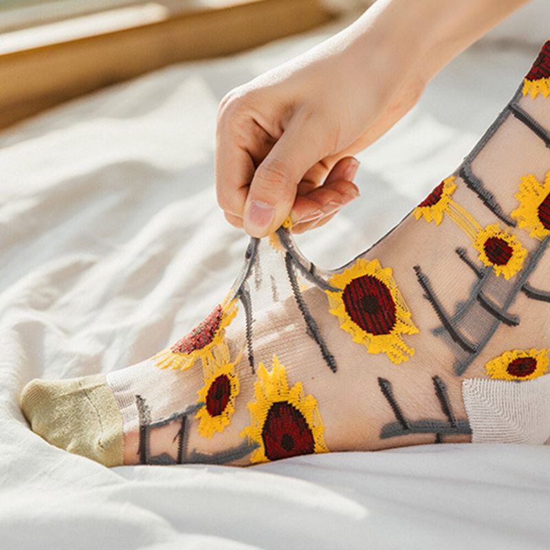 Calcetines De Tubo Absorbente Transpirable Con Flor De Vid De Girasol De Algodón Ultrafino Para Mujer