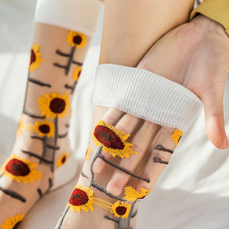 Calcetines De Tubo Absorbente Transpirable Con Flor De Vid De Girasol De Algodón Ultrafino Para Mujer