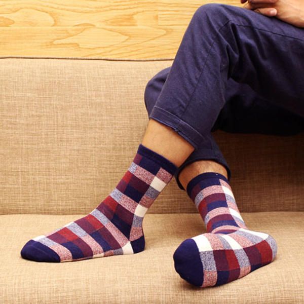 Calcetines De Tubo Casuales De Algodón Transpirable Suave A Cuadros De Color De Hechizo De Moda Para Hombre