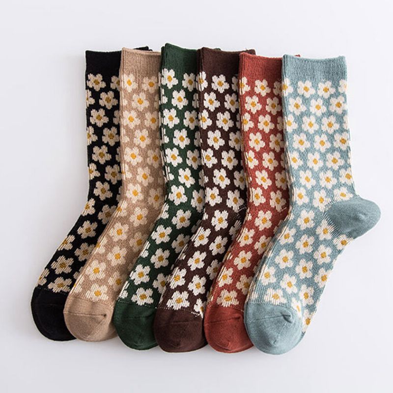 Calcetines De Tubo Informales Cálidos Con Estampado Floral Retro De Estilo Británico De Algodón Para Mujer