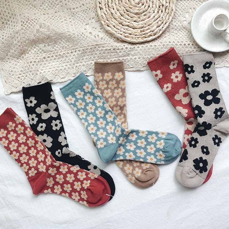 Calcetines De Tubo Informales Cálidos Con Estampado Floral Retro De Estilo Británico De Algodón Para Mujer