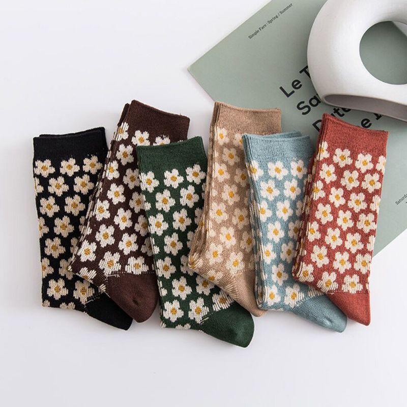 Calcetines De Tubo Informales Cálidos Con Estampado Floral Retro De Estilo Británico De Algodón Para Mujer