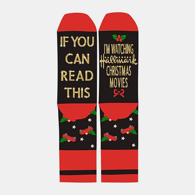 Calcetines De Tubo De Navidad Festivos Casuales Con Patrón De Rayas De Letras En Polvo Dorado Unisex