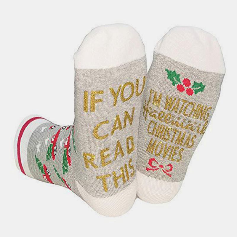 Calcetines De Tubo De Navidad Festivos Casuales Con Patrón De Rayas De Letras En Polvo Dorado Unisex