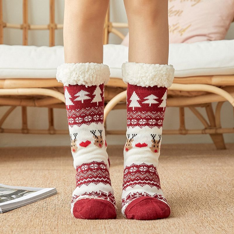 Mujeres Algodón Invierno Cálido Estilo Navideño Al Aire Libre Patrón Más Terciopelo Espesar Calcetines Para Dormir En Casa Calcetines De Tubo