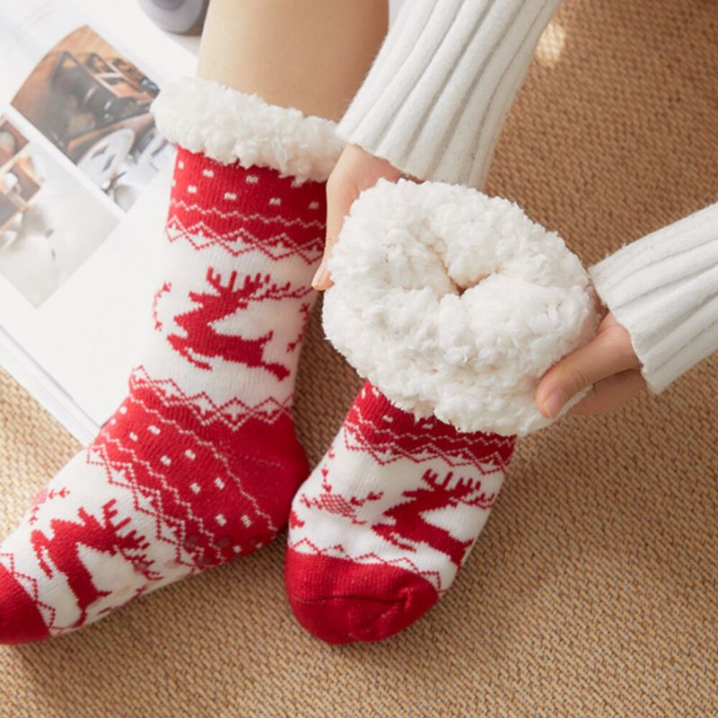 Mujeres Cálido Invierno Al Aire Libre Estilo Navideño Alce Patrón De Copo De Nieve Más Terciopelo Espesar Calcetines Para Dormir En Casa Calcetines De Tubo