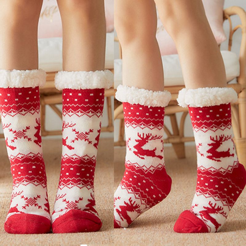 Mujeres Cálido Invierno Al Aire Libre Estilo Navideño Alce Patrón De Copo De Nieve Más Terciopelo Espesar Calcetines Para Dormir En Casa Calcetines De Tubo