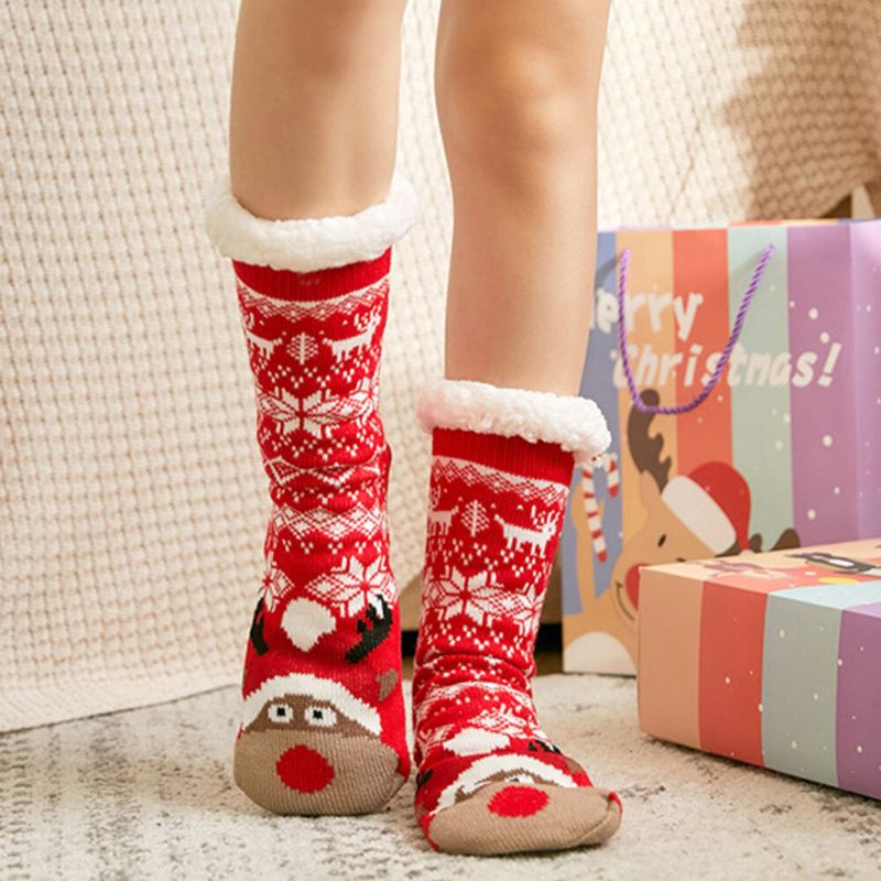 Mujeres Cálido Invierno Al Aire Libre Estilo Navideño Copo De Nieve Patrón De Alce Más Terciopelo Espesar Calcetines Para Dormir En Casa Calcetines De Tubo