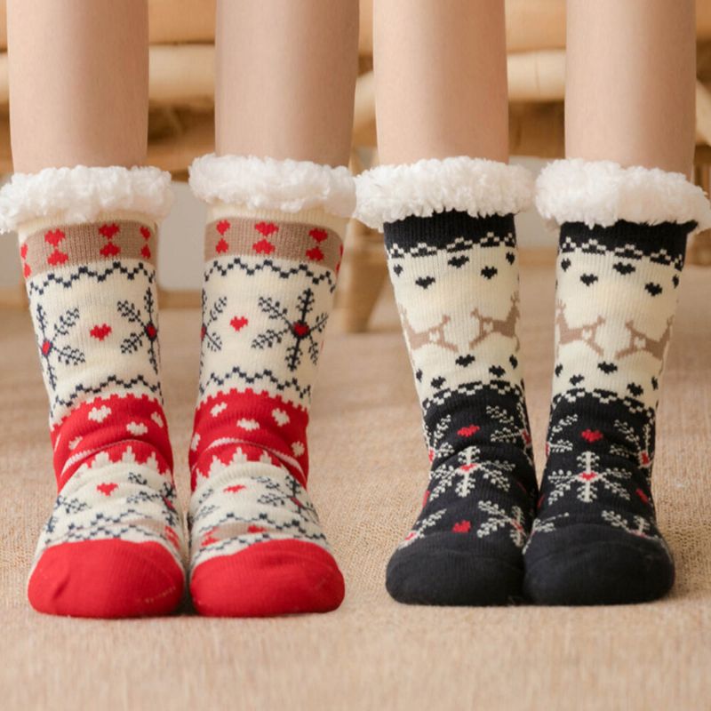 Mujeres Cálido Invierno Al Aire Libre Estilo Navideño Patrón De Copo De Nieve Más Terciopelo Espesar Calcetines Para Dormir En Casa Calcetines De Tubo