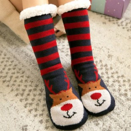 Mujeres Cálido Invierno Al Aire Libre Estilo Navideño Santa Claus Elk Pattern Plus Velvet Thicken Home Sleep Calcetines Calcetines De Tubo