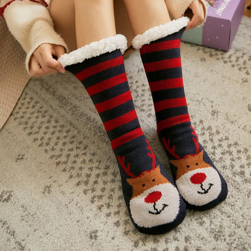 Mujeres Cálido Invierno Al Aire Libre Estilo Navideño Santa Claus Elk Pattern Plus Velvet Thicken Home Sleep Calcetines Calcetines De Tubo