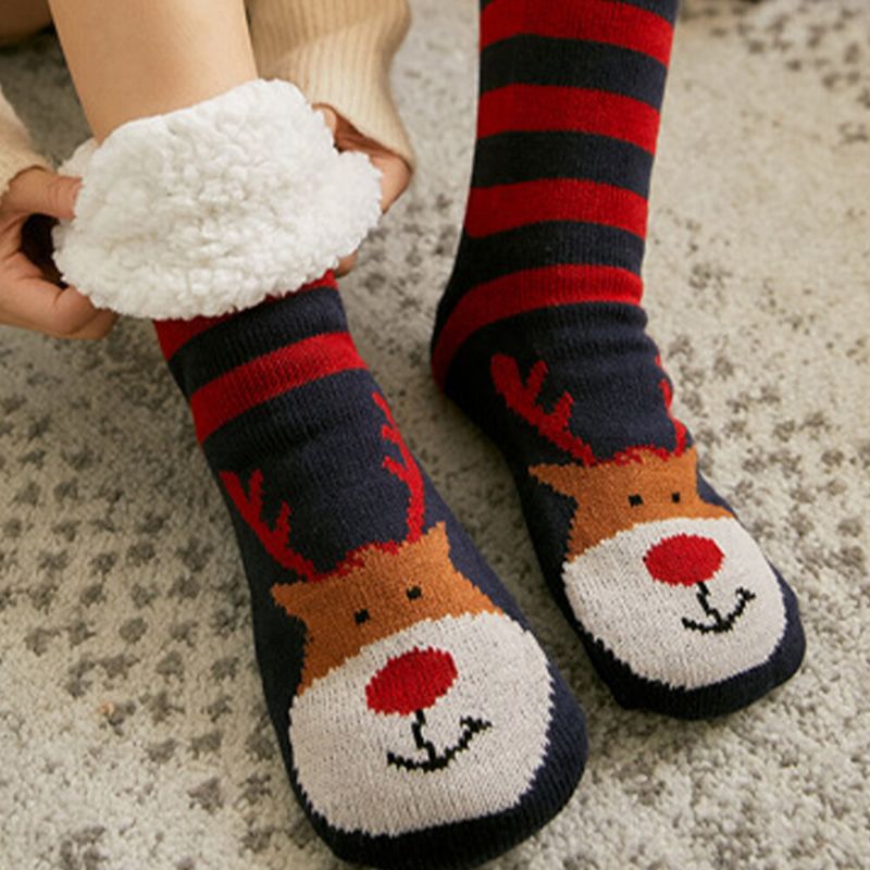 Mujeres Cálido Invierno Al Aire Libre Estilo Navideño Santa Claus Elk Pattern Plus Velvet Thicken Home Sleep Calcetines Calcetines De Tubo