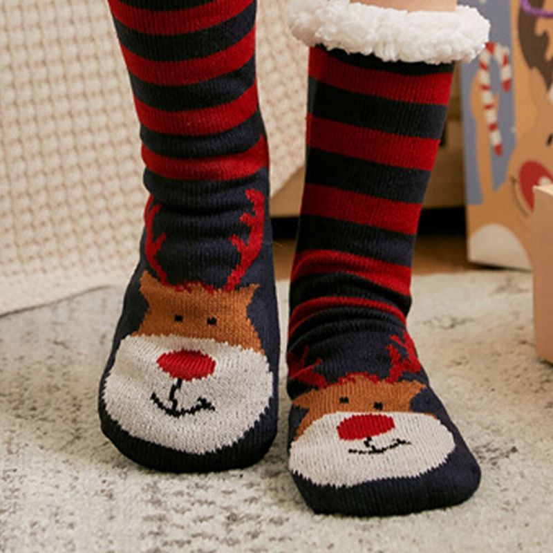 Mujeres Cálido Invierno Al Aire Libre Estilo Navideño Santa Claus Elk Pattern Plus Velvet Thicken Home Sleep Calcetines Calcetines De Tubo