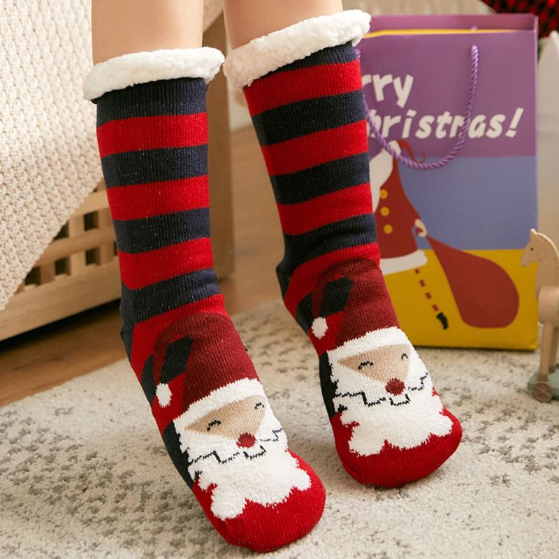 Mujeres Cálido Invierno Al Aire Libre Estilo Navideño Santa Claus Elk Pattern Plus Velvet Thicken Home Sleep Calcetines Calcetines De Tubo