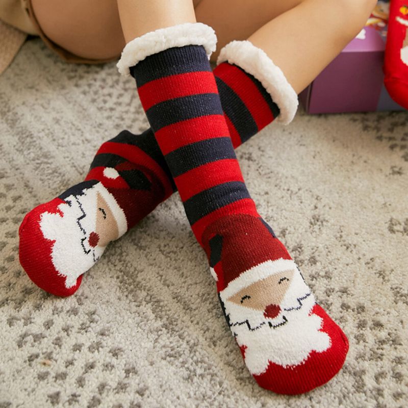 Mujeres Cálido Invierno Al Aire Libre Estilo Navideño Santa Claus Elk Pattern Plus Velvet Thicken Home Sleep Calcetines Calcetines De Tubo